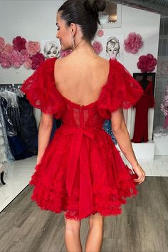 Red Sweetheart Puff Sleeve A-Line Short Party Dress with Ruffles Homecoming Dresses With Ruffles And Short Sleeves, Short Sleeve Homecoming Dresses With Ruffles, Knee-length Ruffled Dress For Prom, Ruffled Mini Dress For Homecoming, Homecoming Mini Dress With Sweetheart Neckline And Ruffles, Sweetheart Neckline Mini Dress With Ruffles For Homecoming, Prom Season Puff Sleeve Dress With Ruffles, Puff Sleeve Ruffle Dress For Prom Season, Knee-length Ruffled Dress For Prom Season