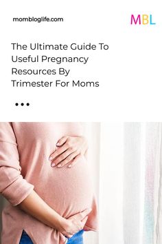 the pregnant woman is holding her stomach in front of a window with text that reads, the ultimate guide to useful pregancy resources by trimester for moms