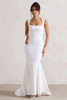 Adore You Cream Square-Neck Structured Fishtail Maxi Dress – Club L London - USA Cream Bridesmaids Dresses, Simple Elopement Dress, Elope Dress, Wedding Dress Square Neckline, Square Wedding Dress, Simple Engagement Dress, Square Neckline Wedding Dress, Engagement Party Outfit, Uzun Boy