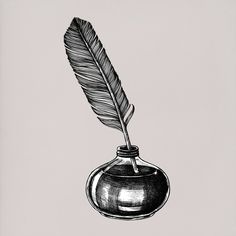 a black and white drawing of a feather quill in a vase with a pen