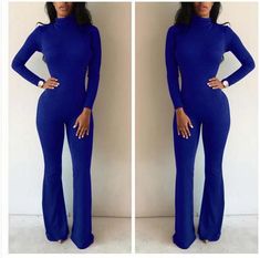 Olivia Mark - High Neck Bodycon Jumpsuit with Front Zip and Fleece Lining Blue Jumpsuit, Sequin Jumpsuit, Bodycon Jumpsuit, Blue Jumpsuits, Extra Long Sleeves, Jumpsuit Party, Waist Circumference, Denim Jumpsuit, Sapphire Blue