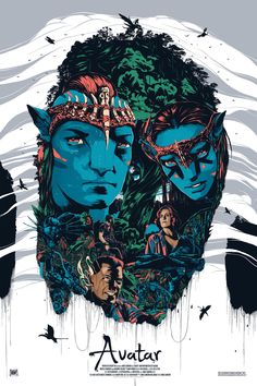 the poster for avatar, which features two men with blue hair and one woman's face