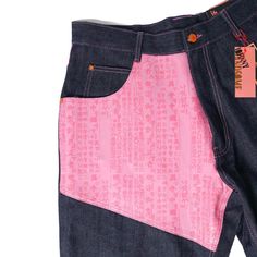 Highlights: Denim Construction; Pu Leather Panels With Text Print In Korean & Kanji; Baggy Fit; Nwt Measurements: Size 32: Waist: 32'' Hips: 50'' Length: 45'' 90s Style Pink Cotton Jeans, Pink Denim Jeans For Streetwear, Pink Jeans For Summer Streetwear, Pink Wishlist, Custom Jeans, 90's Grunge, Text Print, 1990's Fashion, Mens Straight Jeans