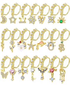 several different types of rings and earrings on a white background with the letters e, f, c, d