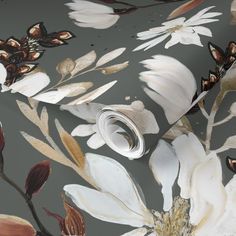 a floral wallpaper with white flowers and brown leaves on a gray background that matches the rest of the wall