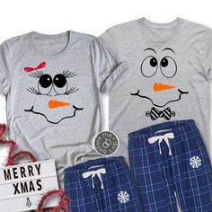 ----------> DESCRIPTION <---------- Our super cute and comfy pajama set is perfect for the couple celebrating Christmas as Mr. and Mrs.! The soft tees feature a relaxed fit --- making it ideal for both him and her. And the cotton flannel pajama pants are as cozy as they come. Both tees are light grey, and the pants are a navy blue plaid as pictured. ----------> DETAILS + SIZING <---------- SIZING: See size chart under additional product images. Compare your measurements in inches to the size cha Christmas Couple Pajamas, Couples Christmas Shirts, Comfy Pajama, Couple Celebrating, Couples Christmas, Couple Pajamas, Adult Pajamas, Flannel Pajama Pants, Christmas Pajama Set