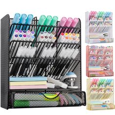 an organized desk organizer with pens, markers and pencils on the bottom shelf next to it