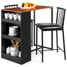 a kitchen table with two stools and a small counter top for the dining room