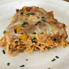 a white plate topped with pasta covered in cheese