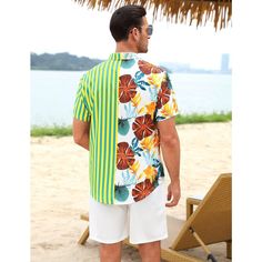 High Quality Fabric: Men's Hawaii short sleeved set is made of slightly elastic fabric, which is soft, lightweight, breathable, sweat absorbing, and wrinkle free. In any season, especially on hot days, it can provide you with the most comfortable wearing experience. Unique Design: This men's beach set combines tropical elements with classic vertical stripes, giving the shirt set a rich and colorful visual effect, full of exotic charm and vitality. The shirt features a lapel, short sleeves, butto Green Short Sleeve Summer Shirt, Multicolor Short Sleeve Shirt For Summer Vacation, Green Short Sleeve Shirt For Beach Season, White Summer Camp Shirt For Outdoor, White Summer Camp Shirt For Outdoors, Green Cotton Short Sleeve Shirt For Summer, Green Camp Shirt For Beach And Summer, Summer Outdoor White Camp Shirt, Green Short Sleeve Camp Shirt For Summer