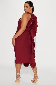 Available In Burgundy. Bandage Midi Dress High Neckline Sleeveless Ruffle Drape Detail Back Zipper Stretch 92% Polyester 8% Spandex Imported | Raylin Bandage Midi Dress in Burgundy size Large by Fashion Nova Burgundy Midi Dress, Burgundy Fashion, Wedding Guest Style, Bandage Midi Dress, Xl Fashion, High Neckline, Fashion Nova, High Neck, Midi Dress