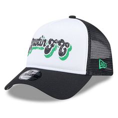 Stay shaded in throwback style with this Austin FC New Era A-Frame Trucker 9FORTY hat. It features the club's name in distressed print across the front for a retro-inspired look. The trendy five-panel design and snapback closure make this Austin FC hat the perfect finish on match day.Stay shaded in throwback style with this Austin FC New Era A-Frame Trucker 9FORTY hat. It features the club's name in distressed print across the front for a retro-inspired look. The trendy five-panel design and sna Short Brim Baseball Cap For Baseball Season, Short Brim Fitted Hat For Baseball Season, Throwback Trucker Hat For Baseball Season, Spring Sports Trucker Hat With Curved Brim, Spring Sports Trucker Hat With Curved Bill, Casual Trucker Hat With Curved Bill For Fan Gear, Adjustable Curved Brim Trucker Hat Throwback Style, Curved Brim Trucker Hat For Spring Sports, Spring Streetwear Baseball Cap With Flat Brim