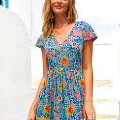 Kirundo Women's Blue Casual Dress Mini Boho Sun Dress With Buttons Free Shipping Casual Printed Turquoise Dress, Casual Turquoise Printed Dress, Casual Turquoise Floral Print Dress, Casual Turquoise V-neck Dress, Turquoise Casual Short Sleeve Dress, Casual Turquoise Short Sleeve Dress, Boho Color, Flora Print, Ruffle Wrap Dress