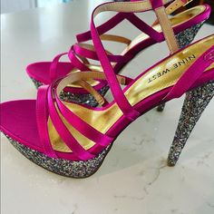 Nine West Size 8.5 Run Small Hot Pink On The Magenta Side With Glitter Platform And Heel Brand New Never Worn Pink Glitter Heels For Night Out, Synthetic High Heels With Glitter Accents, Glitter Accents High Heels In Synthetic Material, Sequined High Heels In Synthetic Material, Pink Open Toe Heels With Glitter Accents, Platform Shoes Heels, Nine West Shoes, Platform Shoes, Nine West