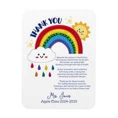 a thank card with an image of a rainbow and clouds on it, that says thank you