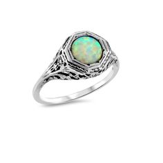 Vintage Estate Lab Created Opal Solitaire Filigree Ring. 925 Solid Sterling Silver. The Top Of The Ring Measures 3/8 Inches In Length. Set With The Highest Quality 7 mm Lab Created Opal Stone. Stamped 925. Excellent Condition/Like New. Elegant Polished Opal Ring Gift, Elegant Polished Opal Ring For Gift, Engraved Round Cut Formal Jewelry, Formal Engraved Round Cut Jewelry, Hallmarked Round Cut Opal Ring For Anniversary, Heirloom Sterling Silver Round Cut Jewelry, Classic Round Cut Opal Birthstone Ring, Heirloom Round Cut Sterling Silver Jewelry, Hallmarked Opal Ring Fine Jewelry For Formal Occasions