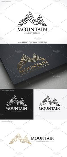 the mountain logo is shown in three different colors and sizes, including black, white, gold