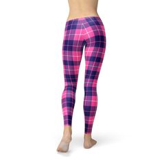 "Introducing our Buffalo Plaid Leggings For Women that have a classic on style look for any season. Featuring a classic buffalo plaid design in a wonderful purple and pink color scheme combined with a super soft comfy fabric, these bottoms are the perfect heartwarming style for any season. Pair them with a fuzzy black sweater and boots for a chic casual chilly day ensemble, or create an edgy look for any time of the year with a neutral colored tank and leather jacket. These premium full length w Casual Footless Sports Leggings, Casual Footless Leggings For Sports, Sporty Fitted Footless Leggings, Casual Fitted Leggings For Pilates, Casual Tights For Pilates, Sporty Footless Leggings, Footless Sports Leggings, Casual Snug Fit Tights For Yoga, Sporty Footless Leggings For Sports