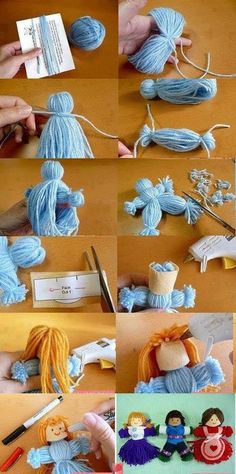 there are many different pictures of yarns being used to make doll clothes and accessories