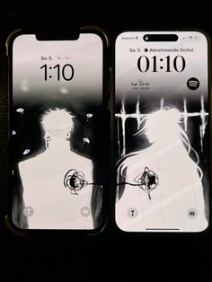 two iphones with anime characters on them sitting side by side in front of each other