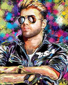 a painting of a man with sunglasses on his face and arms crossed in front of colorful paint