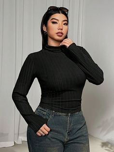 Plus Size Women's Black Turtleneck Long Sleeve Fitted Warm Fleece T-Shirt, Back To School Season Black Casual  Long Sleeve Knitted Fabric Plain  Medium Stretch  Women Plus Clothing, size features are:Bust: ,Length: ,Sleeve Length: Black Turtleneck Long Sleeve, Turtleneck Long Sleeve, Black Turtleneck, Plus Size T Shirts, Long Sleeve Knit, Plus Size Tops, Plus Clothing, Neck T Shirt, Length Sleeve