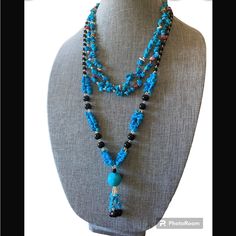 Beautiful, Southwestern Style Multi Strand Mix, Gem Necklace 2 Necklaces 18” Southwestern Blue Beaded Necklaces For Gift, Southwestern Style Blue Beaded Necklace For Gift, Blue Long Necklace With Natural Stones As Gift, Blue Long Necklace With Natural Stones For Gift, Southwestern Turquoise Adjustable Necklace, Southwestern Turquoise Necklace As A Gift, Adjustable Blue Turquoise Southwestern Necklace, Southwestern Style Blue Jewelry With Colorful Beads, Southwestern Style Blue Turquoise Necklace As Gift