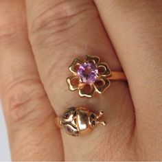 New Lady Bug Snd Flower Ring Fits 7-8 Adjustable Ring 14 K Rose Gold Custom Made One Of A Kind Ring Bug Ring, K Rose, Rose Gold Flower, Gold Flower, Ring Fit, Garnet Rings, Lady Bug, Flower Ring, Adjustable Ring