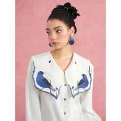 Blue bird embroidery blouse – remulia Collared Tops With Embroidered Cuffs For Work, Fitted Embroidered Top With Collared Neckline, Fitted Floral Embroidery Top With Collared Neckline, Spring Embroidered Blouse With Collared Neckline, Embroidered Cuffs Blouse For Workwear, Embroidered Collared Tops For Work, Workwear Blouse With Embroidered Cuffs, White Embroidered Top With Collar, White Long Sleeve Tops With Embellished Collar