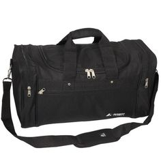 Everest Two-Tone Sports Duffel Bag - Black Looking for a sporty and stylish duffel bag? Look no further than our Everest two-tone sports duffel bag. This spacious bag has a main compartment, dual side zippered compartments, and a wide front zippered pocket. It also features an adjustable shoulder strap and velcro close handles. Made of 600D polyester, this bag is perfect for any athlete or adventurer. Material: 600D Polyester. Dimension: 21.5 x 11.5 x 10 in. Capacity: 2260 cu in/ 37 L. Weight: 2 Black Sports Travel Bag With Zipper Closure, Nylon Travel Bag For Sports, Nylon Sports Travel Bag, Sporty Nylon Duffle Bag For Sports, Sporty Nylon Gym Bag With Breathable Material, Black Gym Bag With Zipper Closure For Sports, Sports Nylon Duffle Bag, Black Gym Bag With Zipper Closure, Sporty Nylon Gym Bag