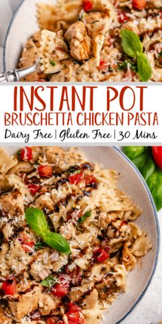 instant pot risoetta chicken pasta with basil and tomatoes in a white bowl on a wooden table