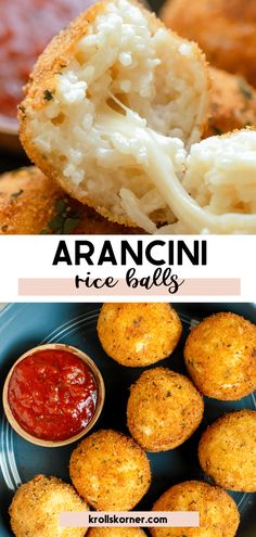 an image of some food that is on a plate and in front of the words arancni rice balls