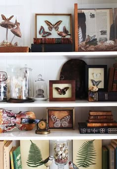 the shelves are filled with books and other decorative items, such as figurines