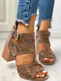 DETAILS Casual style Hollow out Chunky heel Ankle buckle Trendy Block Heels, Stacked Heel Sandal, High Heels Black, Chunky Heel Sandals, Womens Gladiator Sandals, Chic Sandals, Chunky Sandals, Chunky Heels Sandals, Sandals Brands