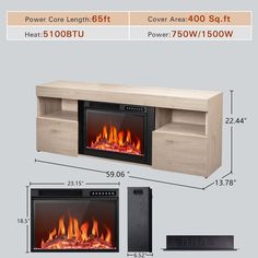 an electric fireplace is shown with measurements for the heat and temperature levels to choose from