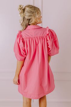 - Sway in sweet style with this darling dress! - Lightweight material with a built-in partial lining - A collared neckline - Short, loose sleeves - Ruffle detail at the shoulders - A flowy silhouette that ends in a straight mini dress length hemline Pink Puff Sleeve V-neck Dress With Ruffles, Summer Mini Dress With Pleated Sleeves, Pink Mini Dress With Puff Gathered Sleeves, Feminine Pleated Sleeve Mini Dress For Brunch, Casual Dresses With Pleated Sleeves For Day Out, Pink V-neck Puff Sleeve Dress With Ruffles, Daywear Mini Dress With Gathered Short Sleeves, Flowy Puff Sleeve Short Sleeve Dress For Spring, Short Sleeve Mini Dress With Gathered Sleeves For Daywear