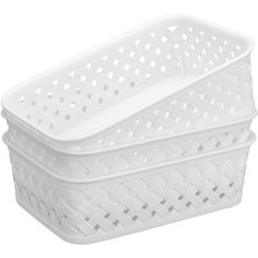 two white plastic baskets sitting next to each other