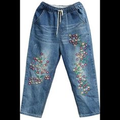 Floral Embroidered Ripped Distressed Design Capri Lightweight/Breathable Loose Fit Drawstring Elasticated Waist High Rise Medium Wash Size:Xl 90% Cotton, 10% Polyester New With Tags Embroidered Denim Blue Pants, Non-stretch Denim Blue Bottoms With Floral Embroidery, Non-stretch Embroidered Casual Bottoms, Casual Embroidered Denim Pants, Embroidered Non-stretch Denim Pants, Casual Non-stretch Embroidered Bottoms, Spring Embroidered Denim Blue Pants, Casual Embroidered Relaxed Fit Jeans, Casual Floral Embroidered Pants For Spring