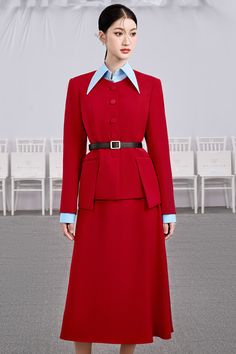 Classic Long Sleeve Office Sets, Classic Long Sleeve Business Sets, Classic Business Sets With Long Sleeves, Tailored Long Sleeve Office Wear Sets, Tailored Long Sleeve Sets For Semi-formal Occasions, Chic Long Sleeve Business Sets, Classic Tailored Long Sleeve Skirt Suit, Classic Long Sleeve Skirt Suit For Tailoring, Red Long Sleeve Office Wear Set