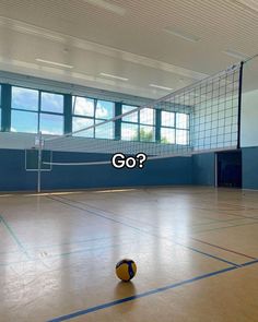 a volleyball ball sitting on top of a hard wood floor next to a net with the word go?