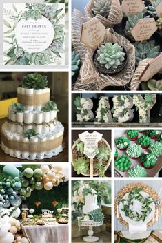 a collage of photos with succulents and greenery on them, including candles