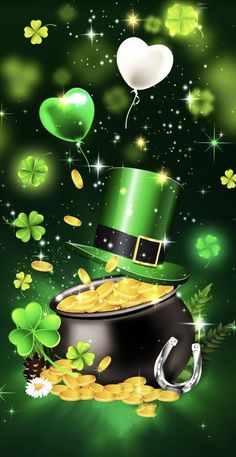 st patrick's day wallpaper with shamrocks, balloons and a pot of gold coins