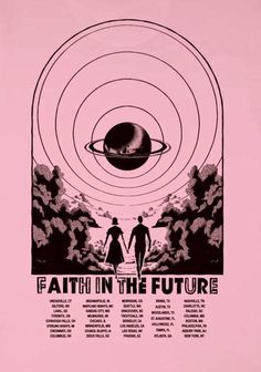 a pink poster with the words faith in the future and two people walking towards an object