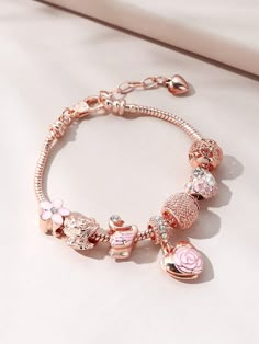 Rose Gold Fashionable   Copper  Link Embellished   Jewelry Pandora Bracelet Charms Ideas, Charm Bracelets For Girls, Girly Bracelets, Pandora Bracelet Designs, Pretty Jewelry Necklaces, Expensive Jewelry Luxury, Bracelet Pandora, Bracelets Design, Pandora Bracelet Charms