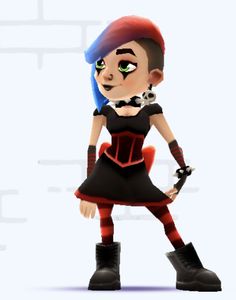 an animated character with red hair and green eyes, wearing black boots and a dress