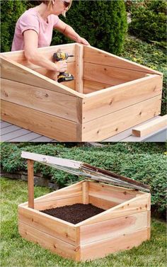 a woman is working in a garden box