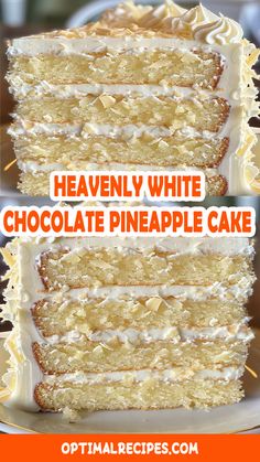 two slices of heavenly white chocolate pineapple cake are stacked on top of each other