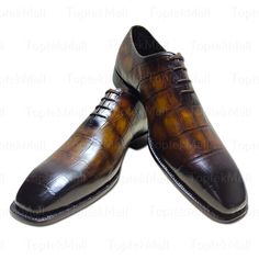 *      Material: A Grade 100 % pure leather, A grade cowhide leather upper and full leather lining inside. Totally handmade product.  *      These shoes are totally handcrafted from premium quality cowhide leather. *      Inside of shoes is all leather lined with soft leather for comfortable wearing. *      High quality one piece of leather is cut to make these shoes. *      Luxurious shoe design for stylish formal wearing.  *   There will be a slight difference in the colour shade of product as Brown Leather Shoes With Crocodile Pattern And Pointed Toe, Brown Crocodile Pattern Pointed Toe Dress Shoes, Leather Oxfords With Crocodile Pattern And Pointed Toe, Brown Crocodile Pattern Wingtip Leather Shoes, Brown Crocodile Pattern Leather Wingtip Shoes, Pointed Toe Leather Shoes With Crocodile Pattern, Semi-formal Leather Shoes With Crocodile Pattern, Wingtip Leather Shoes With Crocodile Pattern, Formal Leather Shoes With Crocodile Pattern