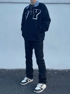 Black Denim Collared Sweater | Seungmin - Stray Kids XL Oversized Edgy Jeans For Streetwear, Edgy Oversized Jeans For Streetwear, Black Jeans With Letter Print For Streetwear, Urban Black Jeans With Letter Print, Black Urban Jeans With Letter Print, Relaxed Fit Jeans For Winter Streetwear, Edgy Streetwear Jeans For Fall, Edgy Streetwear Jeans For Winter, Urban Oversized Winter Jeans