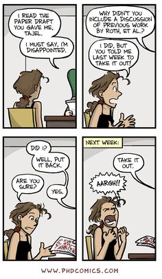 a comic strip with an image of a woman talking to another person at a desk